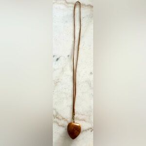 Vintage Necklace Wood Carved Heart Long Leather Strap Handcrafted Boho Rustic